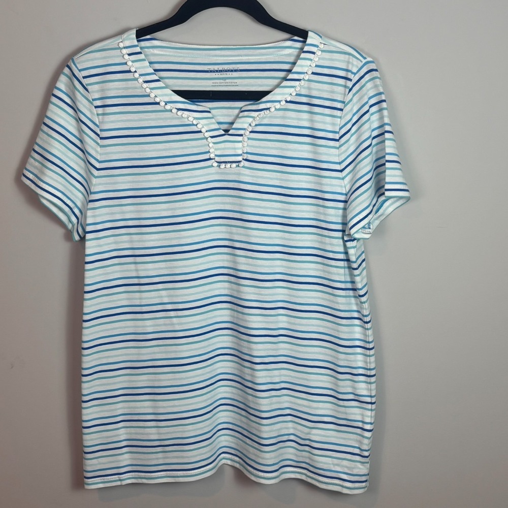 Talbots Womens Blue White Striped Pom-pom detail collar 100% Cotton Tee Petite L